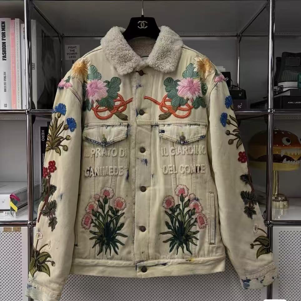Gucci 17FW Phoenix Floral Embroidered Shearling Denim Jacket