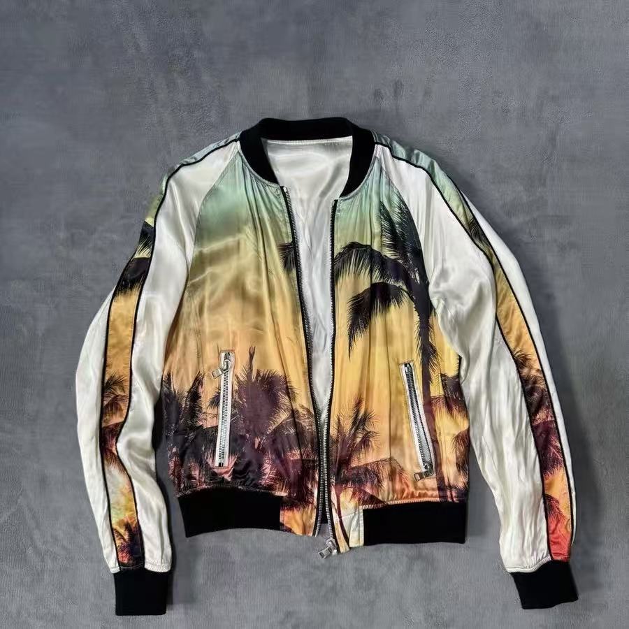 Balmain SS19 Sunset Palm Tree Satin Bomber Jacket
