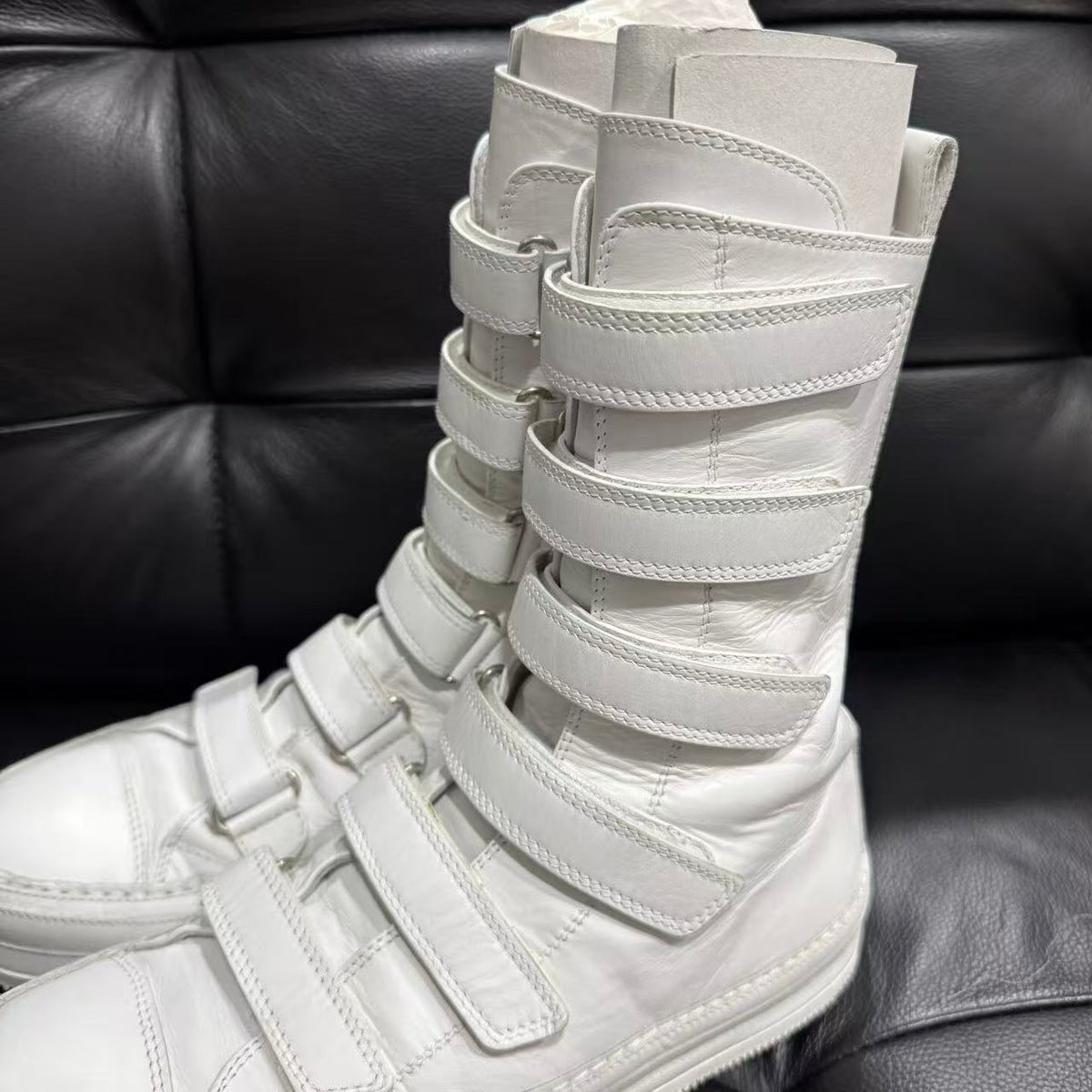 Ann Demeulemeester White 6 Strap Velcro High Top Leather Boots