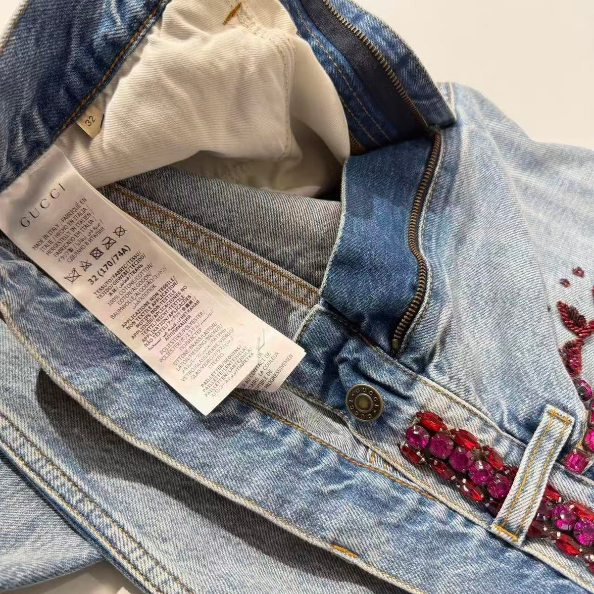 Gucci 23SS Burgundy Beaded Floral Embroidered Washed Denim Pants