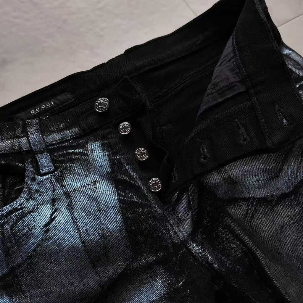 Gucci 09AW By Frida Giannini Black & Silver Trompe L'oeil Coated Jeans