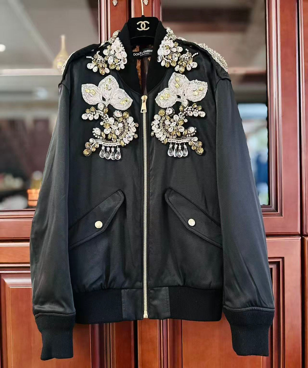 Dolce&Gabbana 16AW Orchid & Crystal Embellished Bomber Jacket