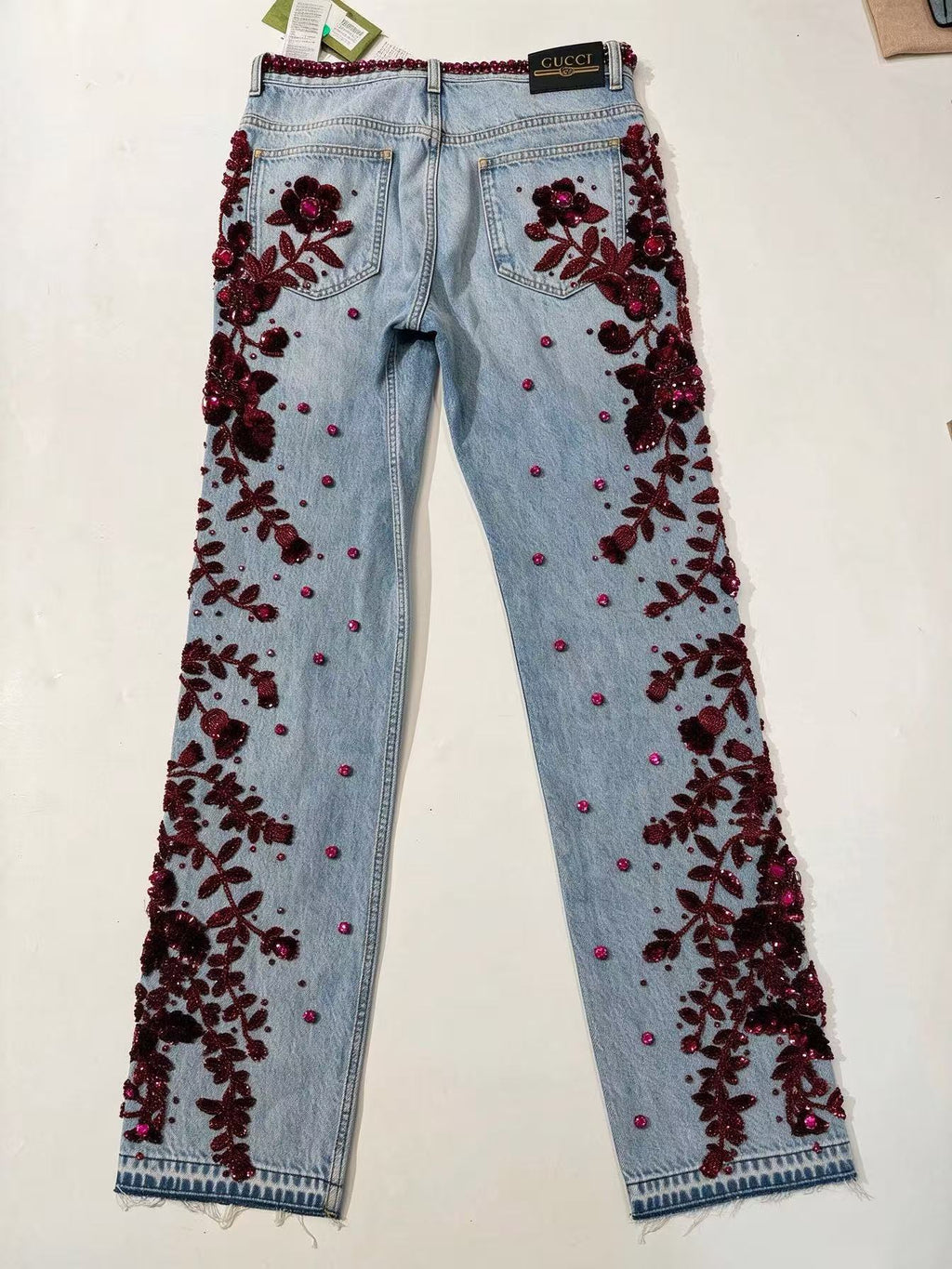 Gucci 23SS Burgundy Beaded Floral Embroidered Washed Denim Pants
