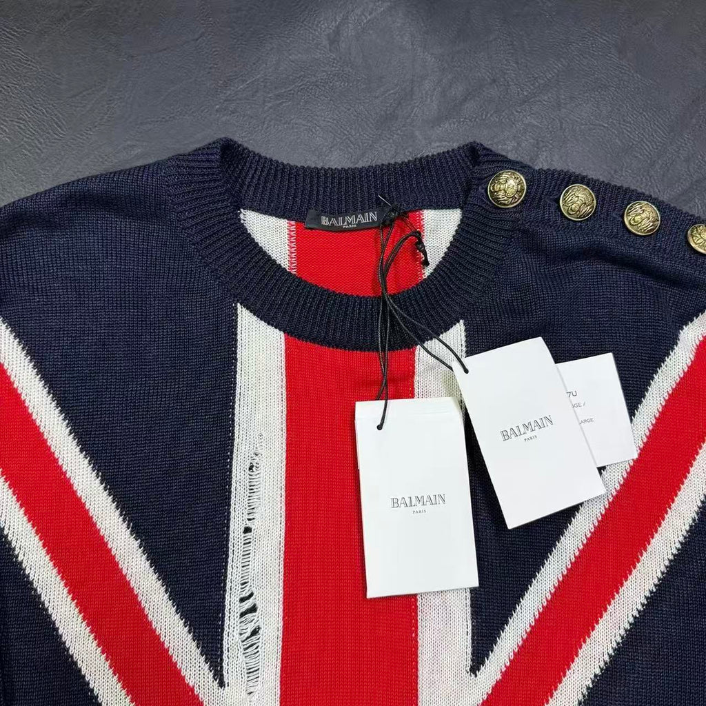 Balmain 16SS Distressed Union Jack Sweater