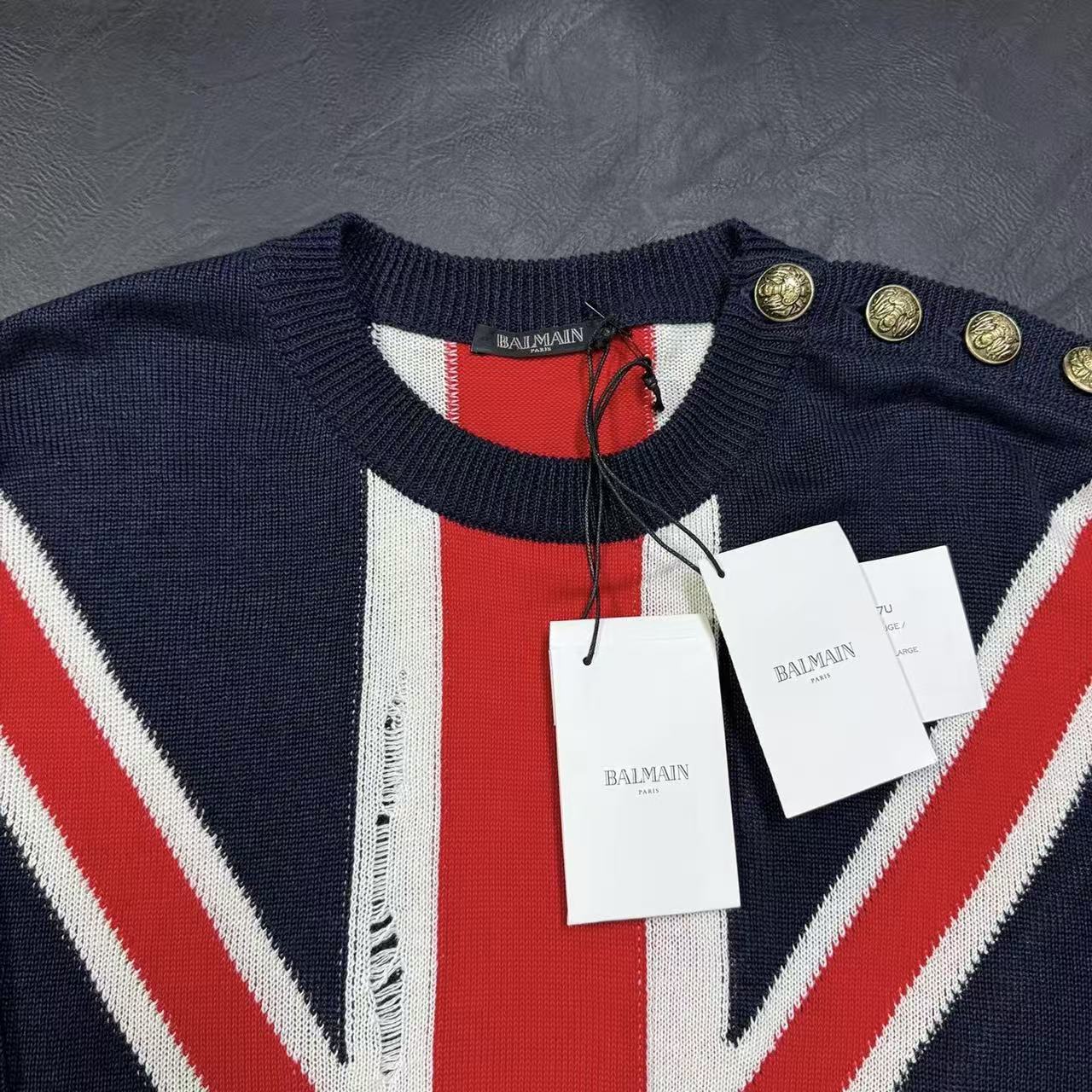 Balmain 16SS Distressed Union Jack Sweater