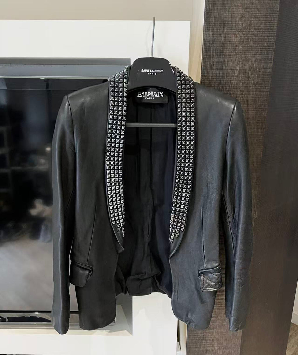 Balmain 09SS By Christophe Decarnin Studded Leather Shawl Collar Blazer