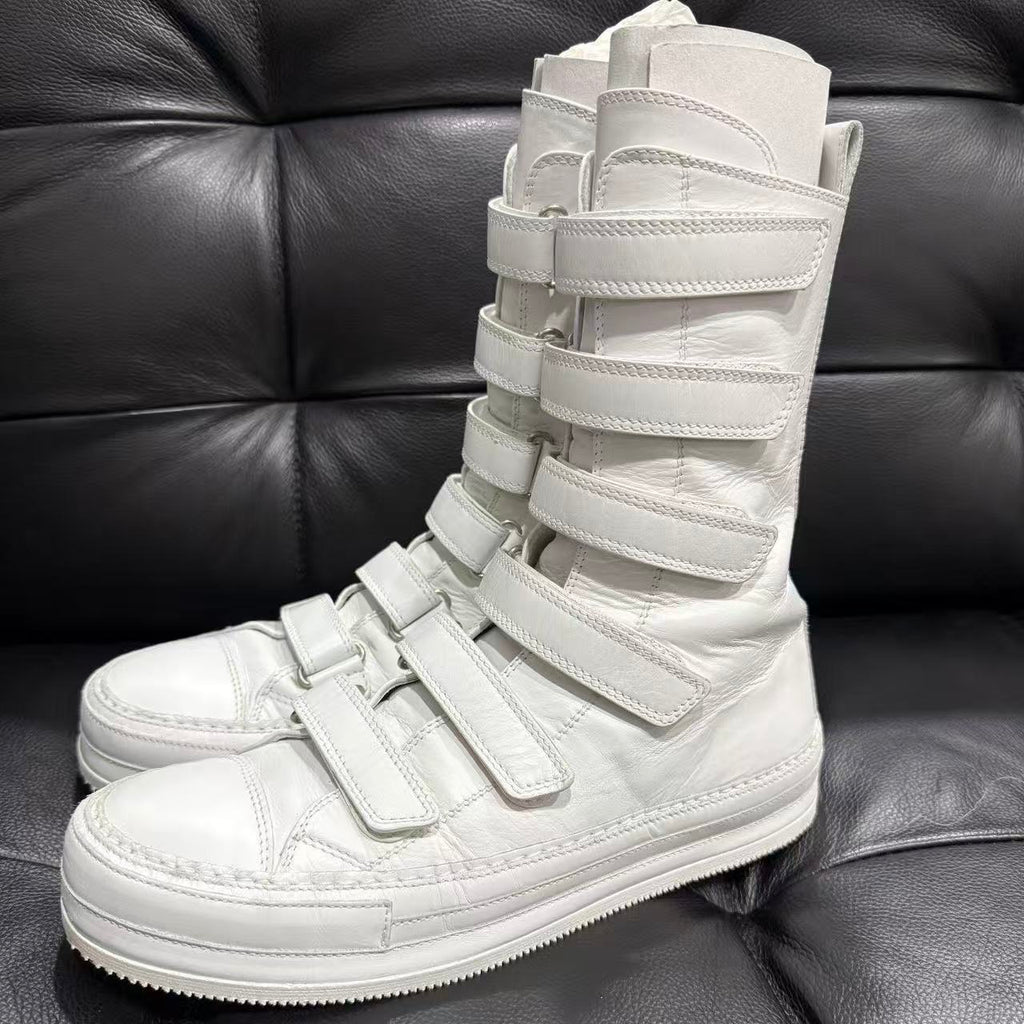 Ann Demeulemeester White 6 Strap Velcro High Top Leather Boots