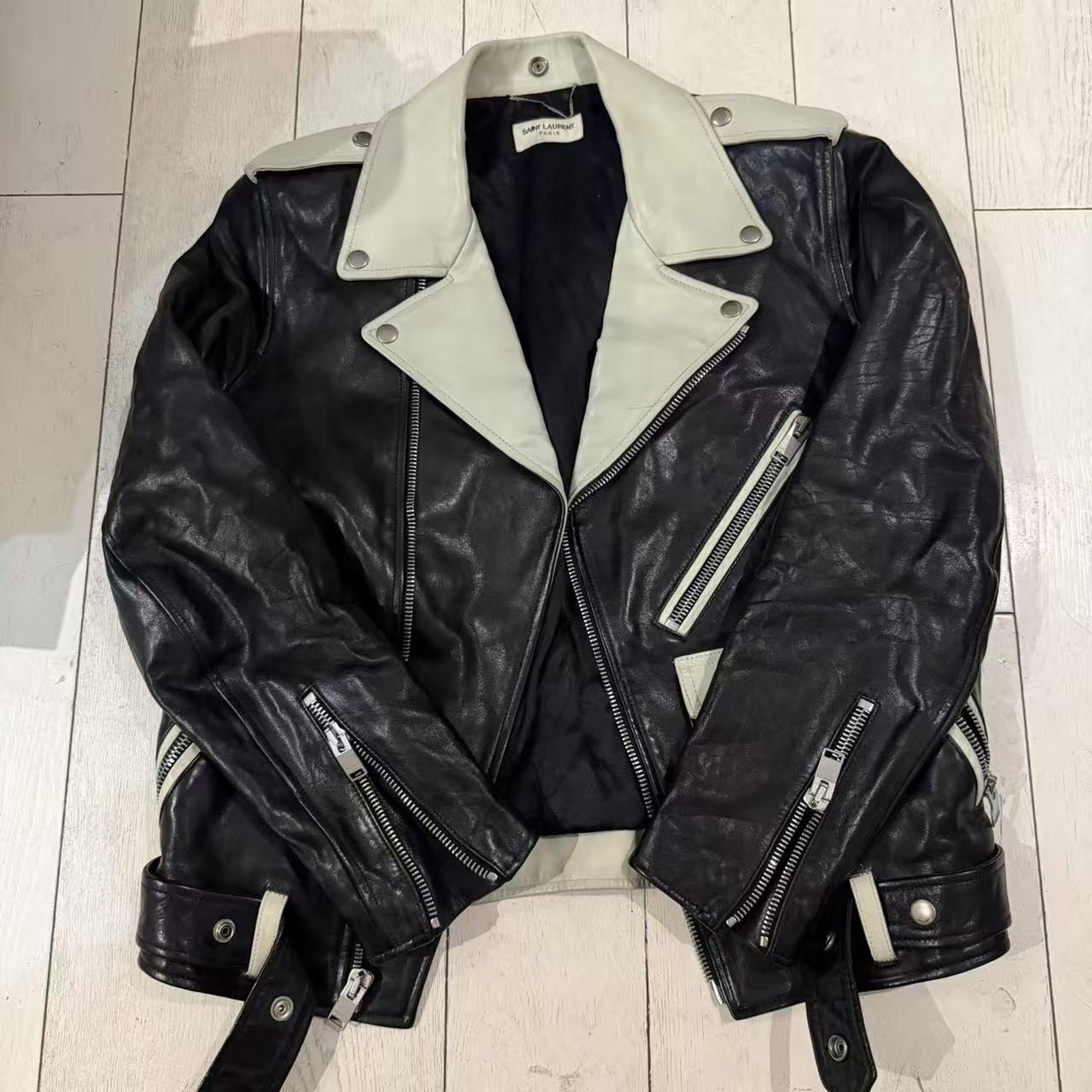 Saint Laurent 14FW Aged Black And White Leather Jacket