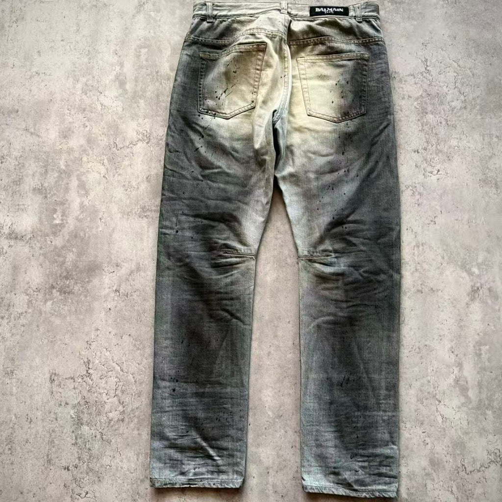 Balmain 11SS Ice Blue Wash Ghost‑Claw Oil‑Stain Splatter Curved Denim Jeans