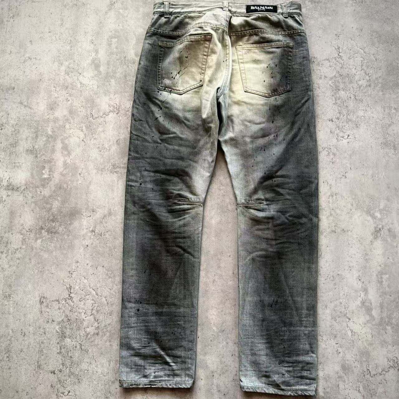 Balmain 11SS Ice Blue Wash Ghost‑Claw Oil‑Stain Splatter Curved Denim Jeans
