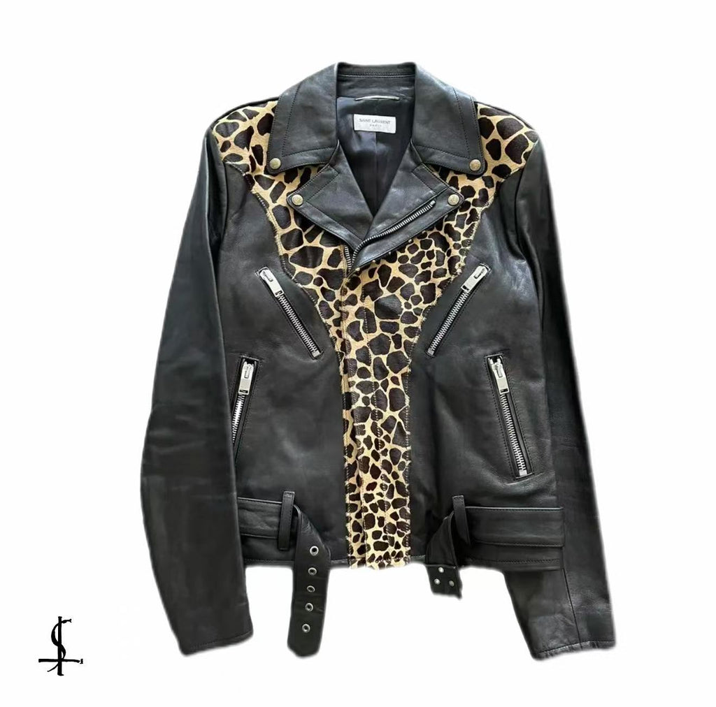 Saint Laurent 14AW Leopard Giraffe Panel Leather Biker Jacket