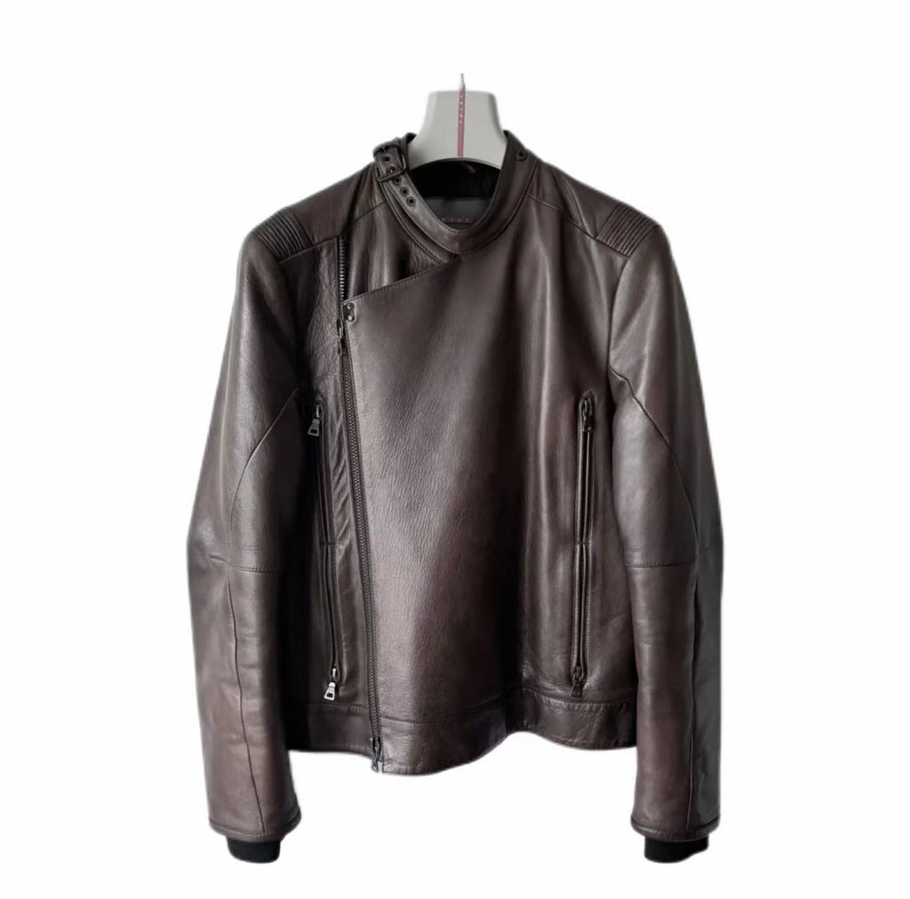 Prada Linea Rossa 2000s brown moto biker leather jacket
