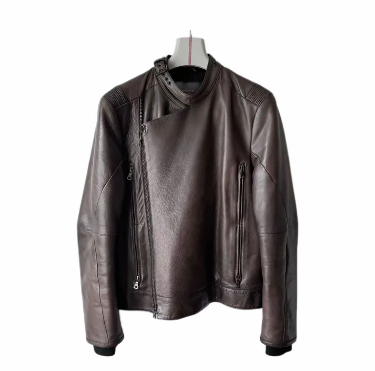 Prada Linea Rossa 2000s brown moto biker leather jacket