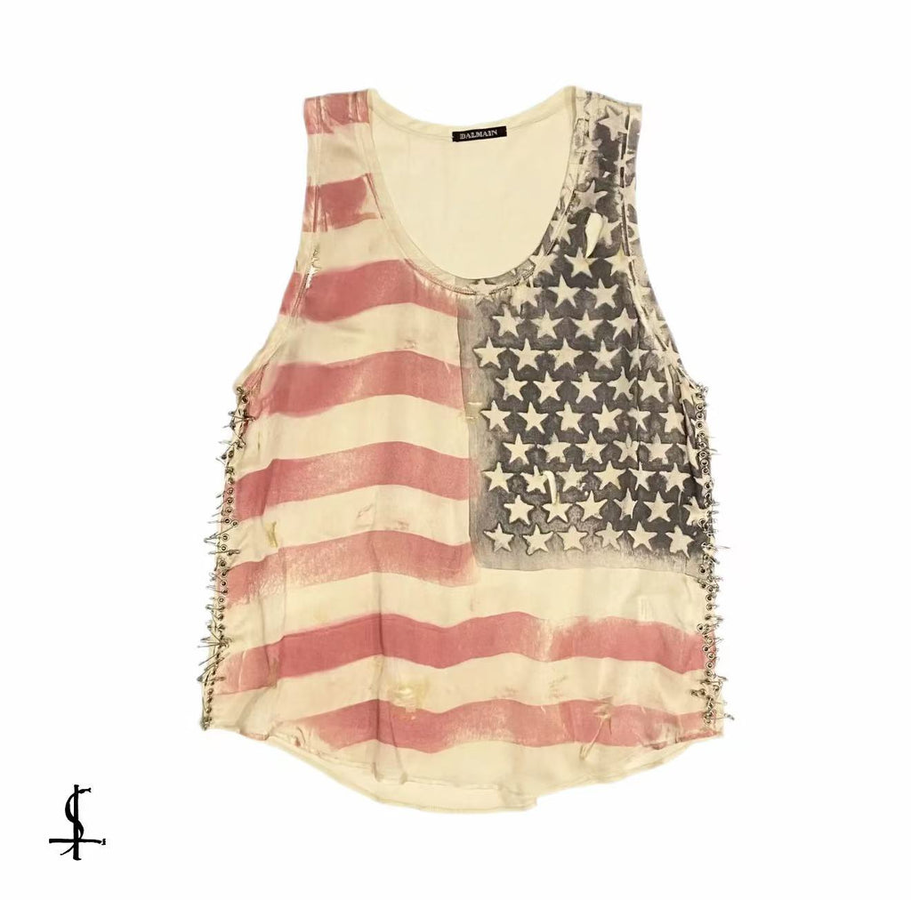 Balmain SS11 Distressed Safety Pins American Flag Tank Top