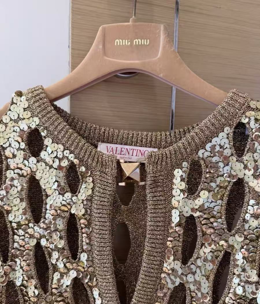 Valentino 23SS Gold Sequin Cut‑Out Open‑Knit Sweater