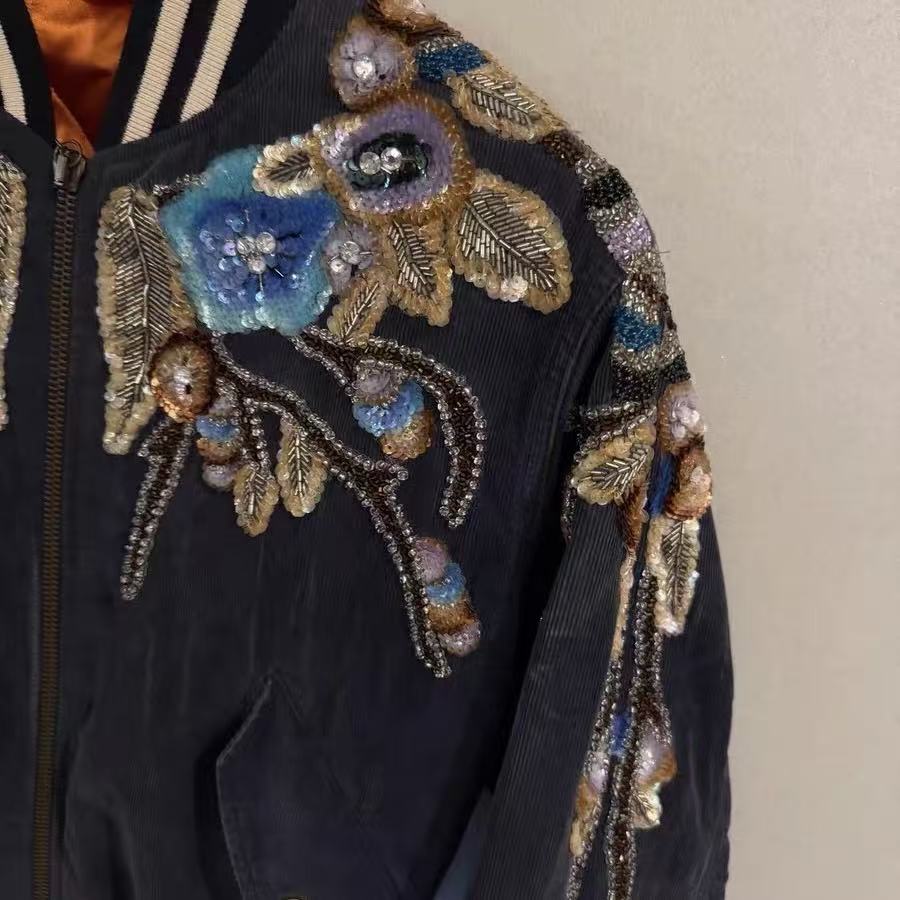 Gucci 17AW Floral Beaded Embellished Corduroy Bomber Jacket