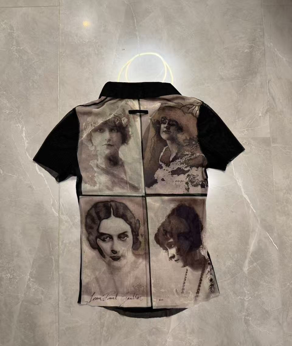 Jean Paul Gaultier 02ss Mesh Portrait Print Polo Shirt