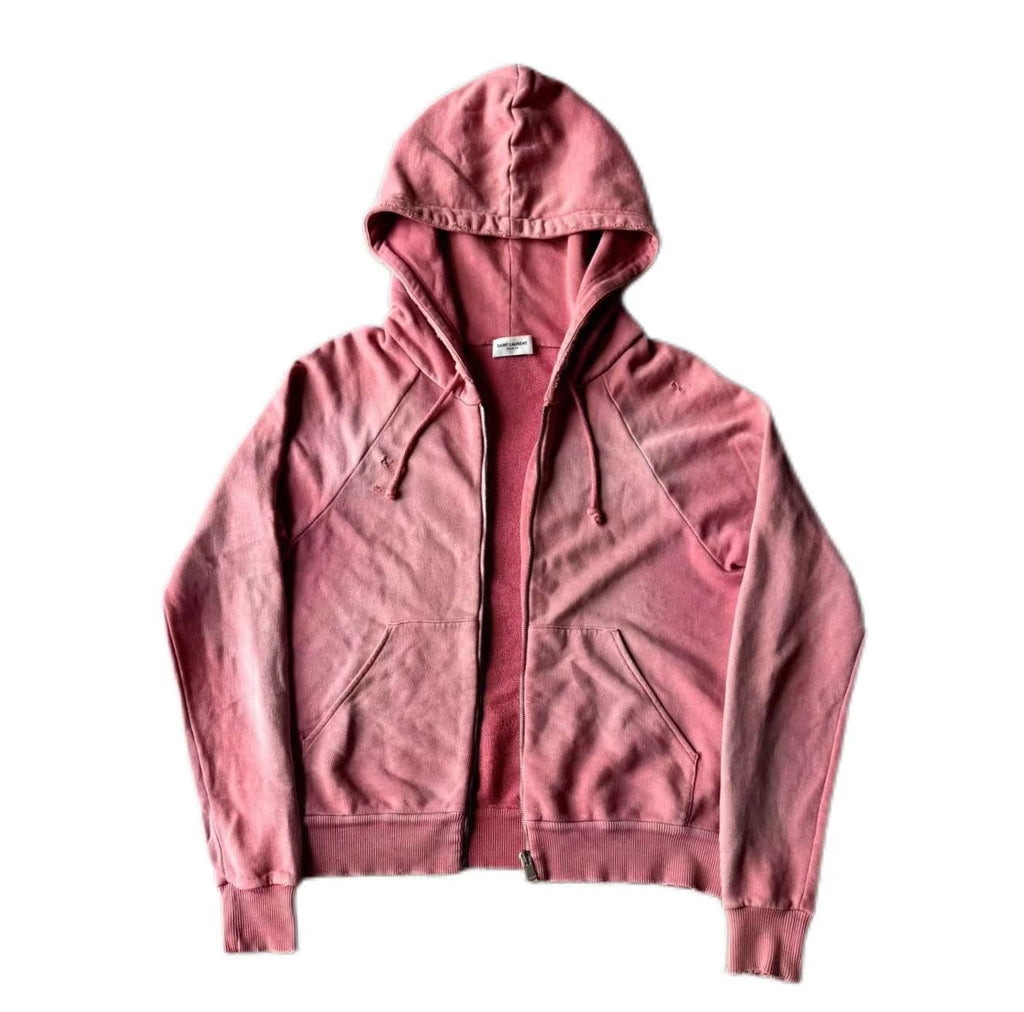 Saint laurent 16SS Washed Pink Distressed Zip‑Up Hoodie