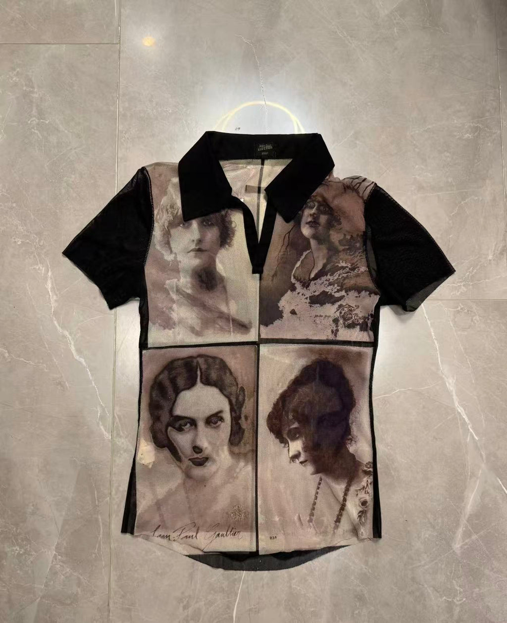 Jean Paul Gaultier 02ss Mesh Portrait Print Polo Shirt