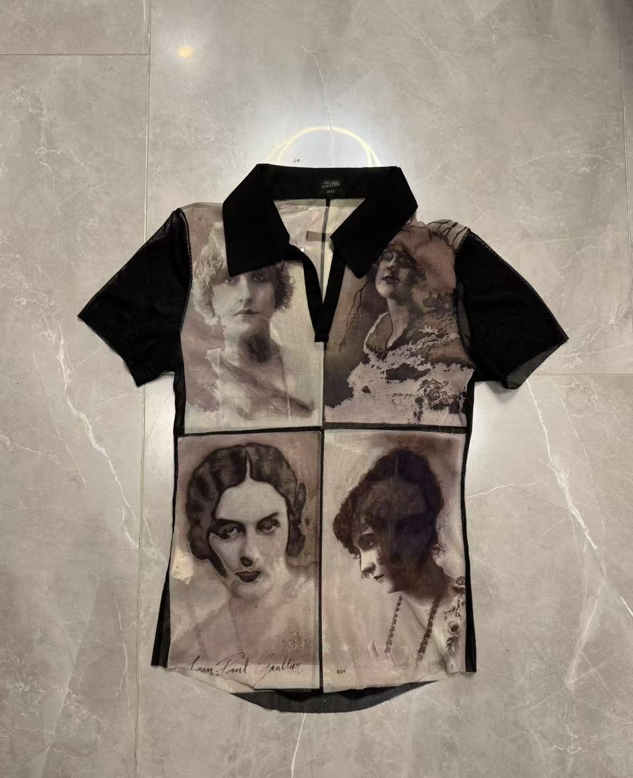 Jean Paul Gaultier 02ss Mesh Portrait Print Polo Shirt