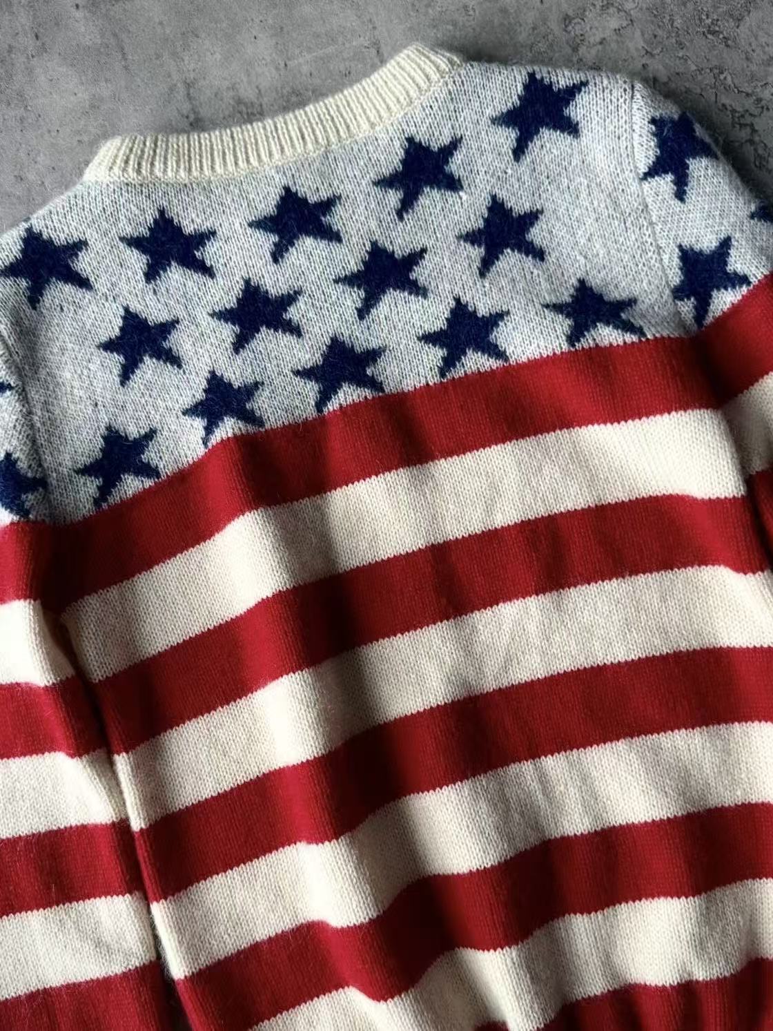 Saint Laurent 18AW American FlagStar‑Stripe Crewneck Sweater