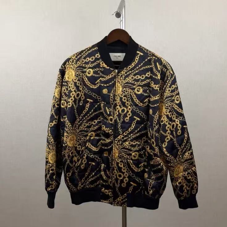Celine 21SS Baroque Gold Chain Print Quilted Bomber Jacket