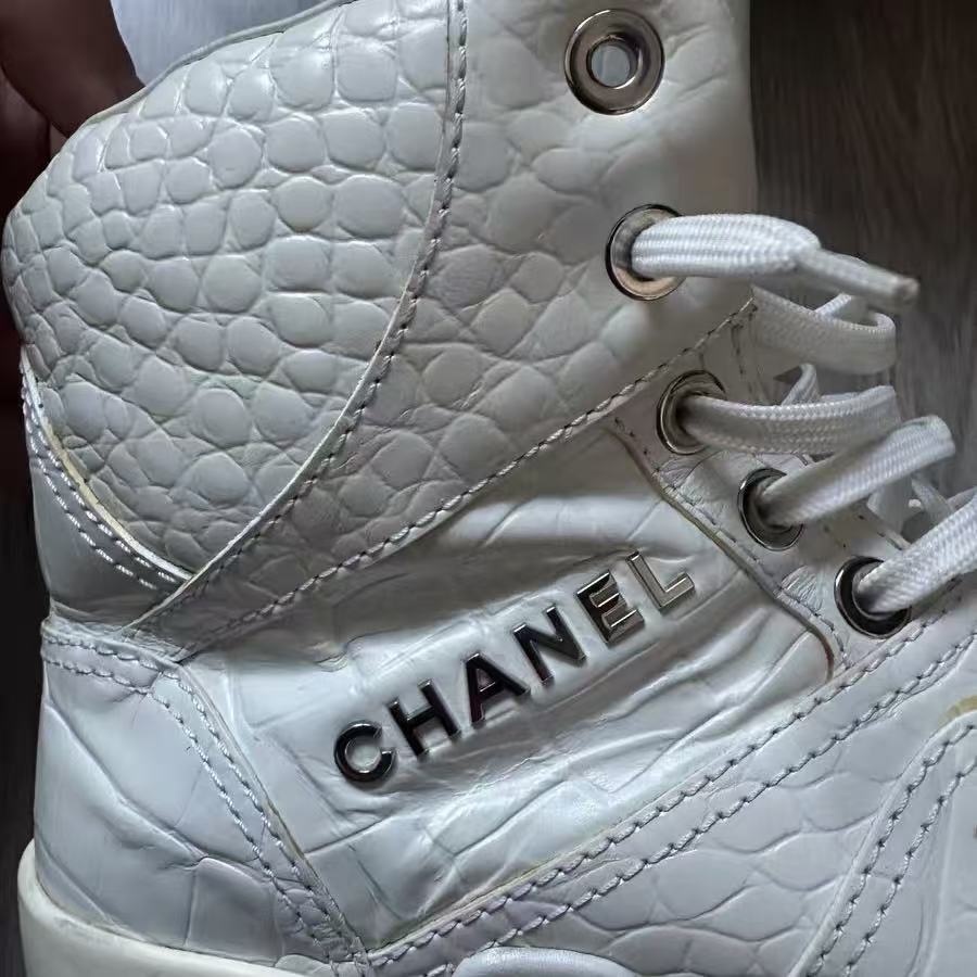 Chanel 2019 White Crocodile Embossed High Top Sneakers