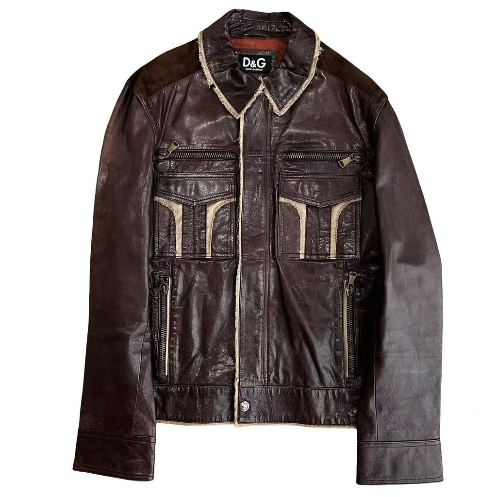 Dolce Gabbana D&G Multi-Zip Shearling Trim Leather Biker Jacket