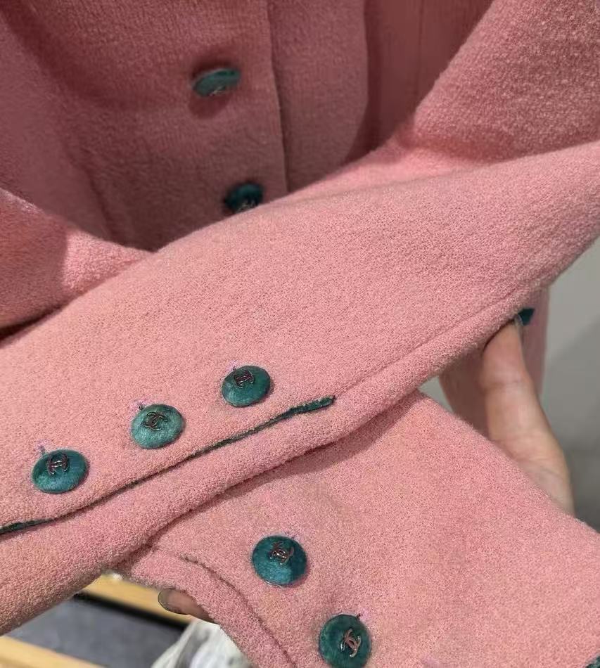 Chanel 96SS Pink & Green Velvet Trim Tweed Jacket