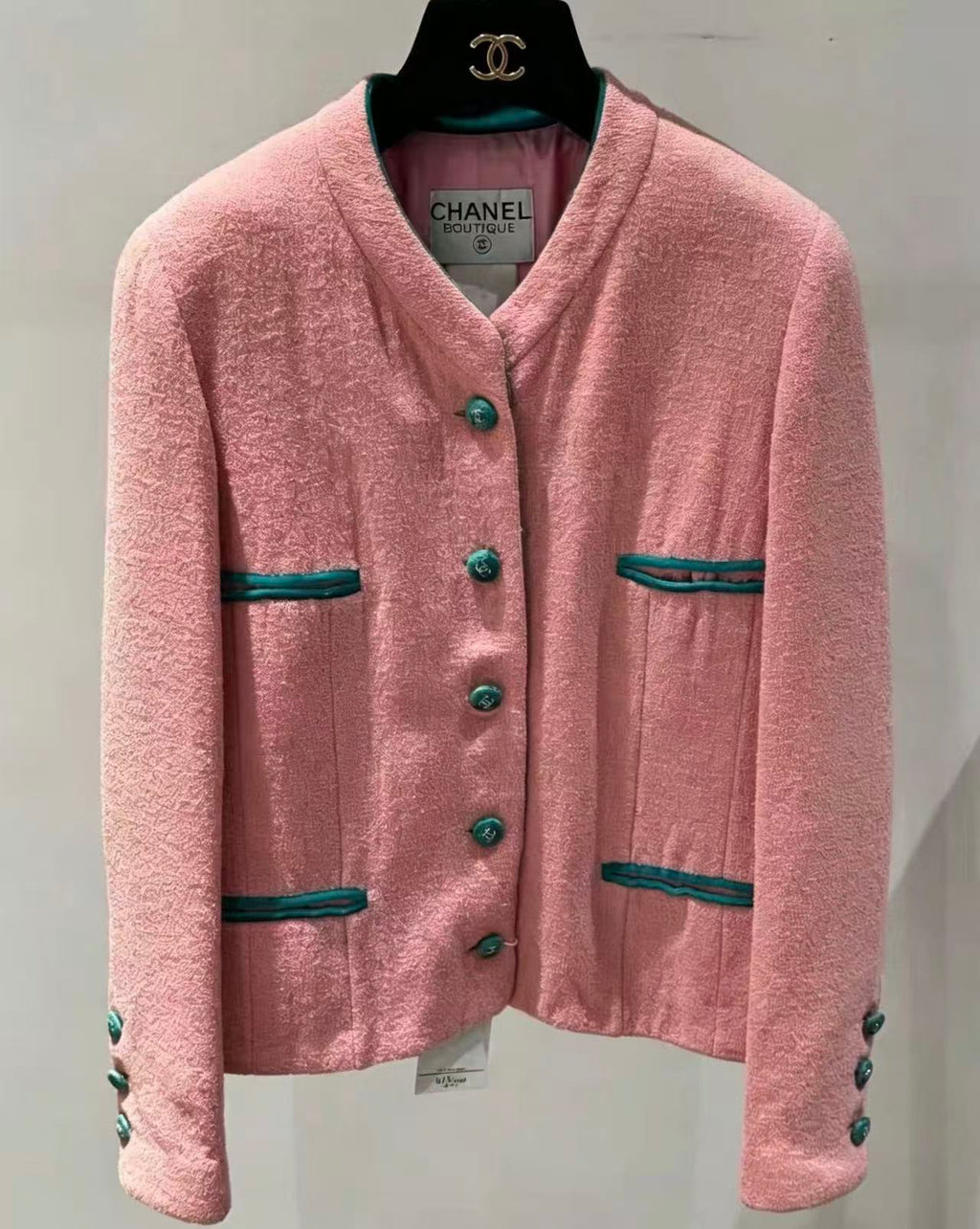 Chanel 96SS Pink & Green Velvet Trim Tweed Jacket