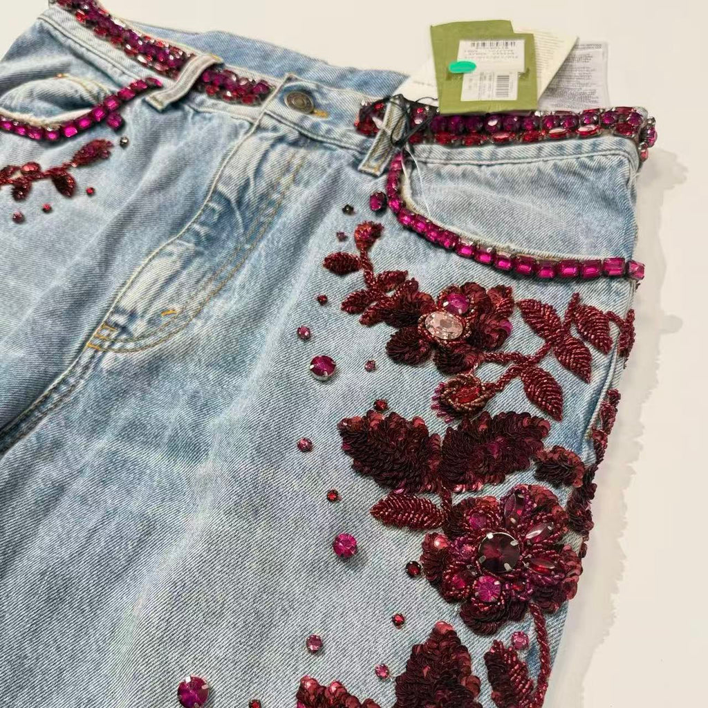 Gucci 23SS Burgundy Beaded Floral Embroidered Washed Denim Pants
