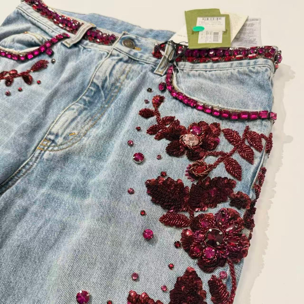 Gucci 23SS Burgundy Beaded Floral Embroidered Washed Denim Pants