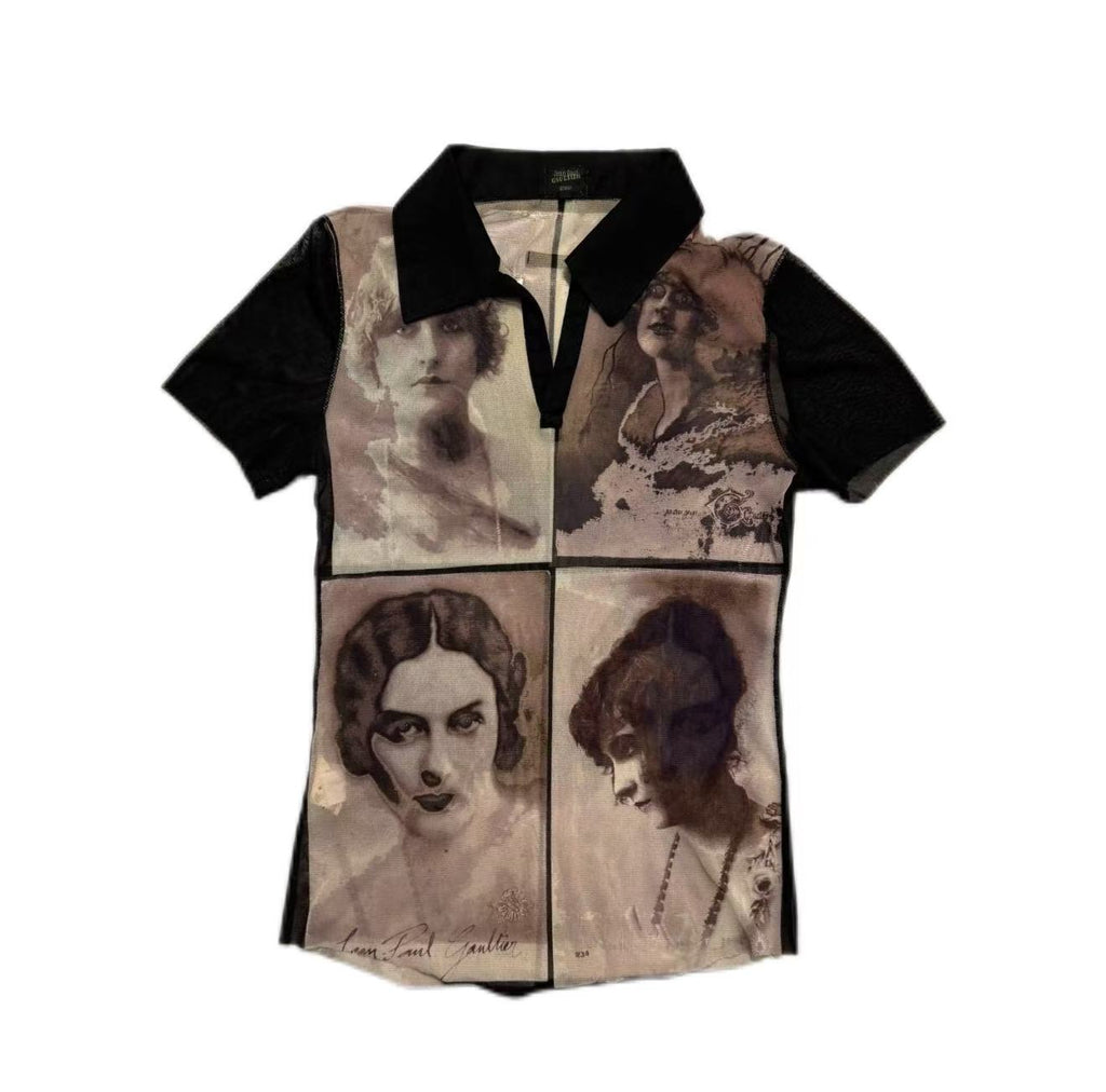 Jean Paul Gaultier 02ss Mesh Portrait Print Polo Shirt