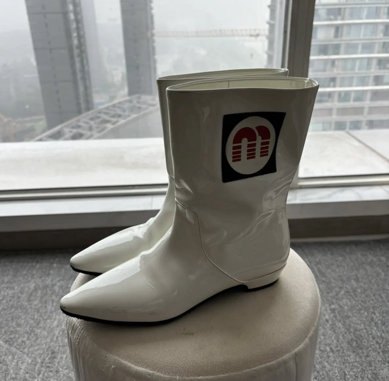 Miu Miu patent logo boots
