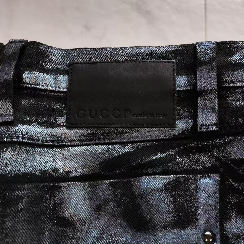 Gucci 09AW By Frida Giannini Black & Silver Trompe L'oeil Coated Jeans