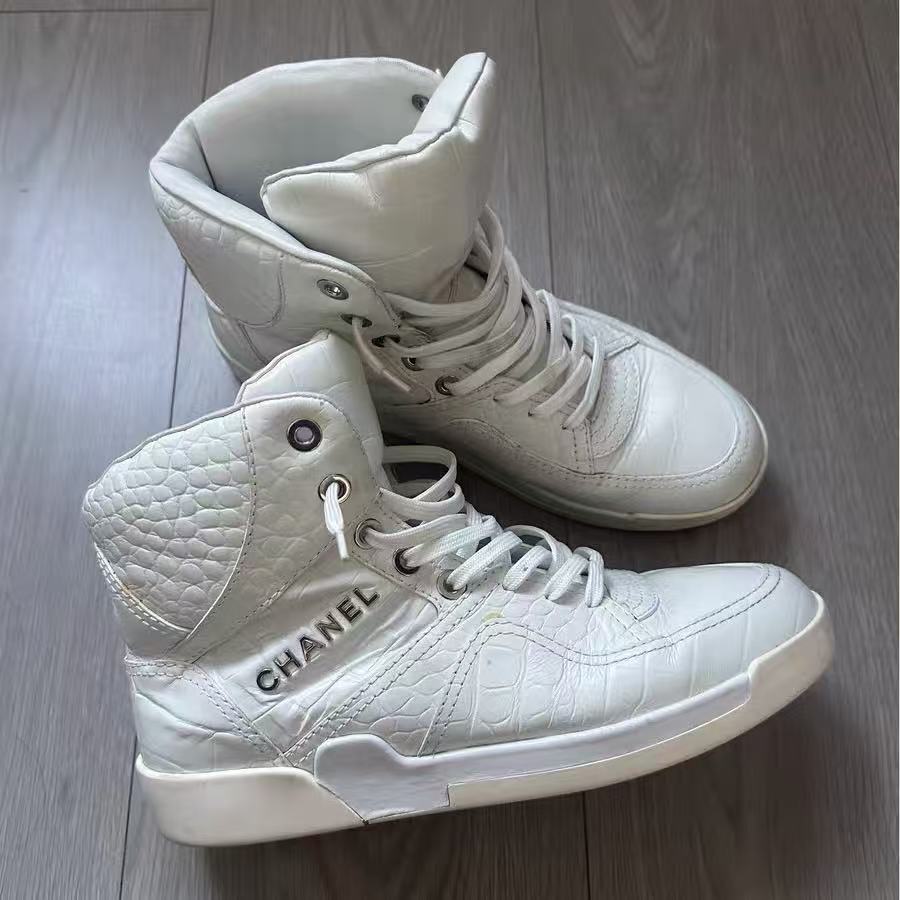 Chanel 2019 White Crocodile Embossed High Top Sneakers