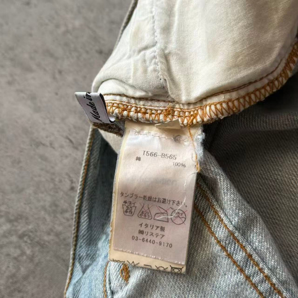 Balmain 11SS Ice Blue Wash Ghost‑Claw Oil‑Stain Splatter Curved Denim Jeans