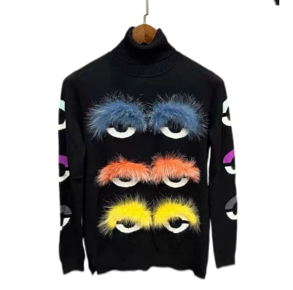 Fendi 15AW Bag Bugs Monster Fur-Trimmed Turtleneck Sweater