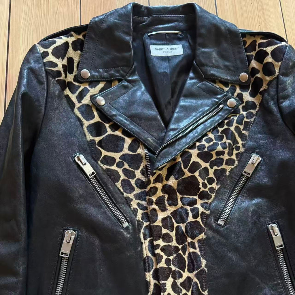 Saint Laurent 14AW Leopard Giraffe Panel Leather Biker Jacket