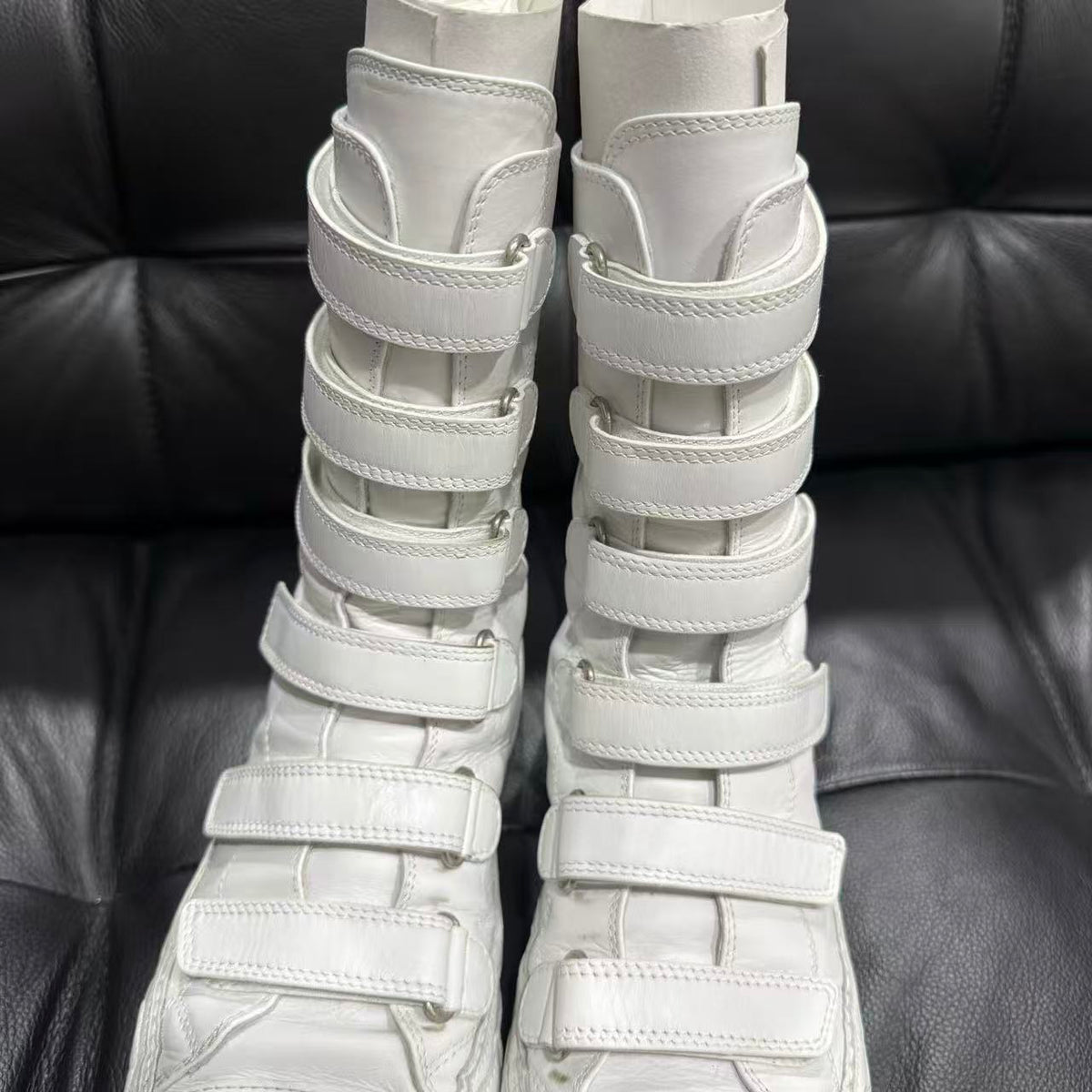 Ann Demeulemeester White 6 Strap Velcro High Top Leather Boots
