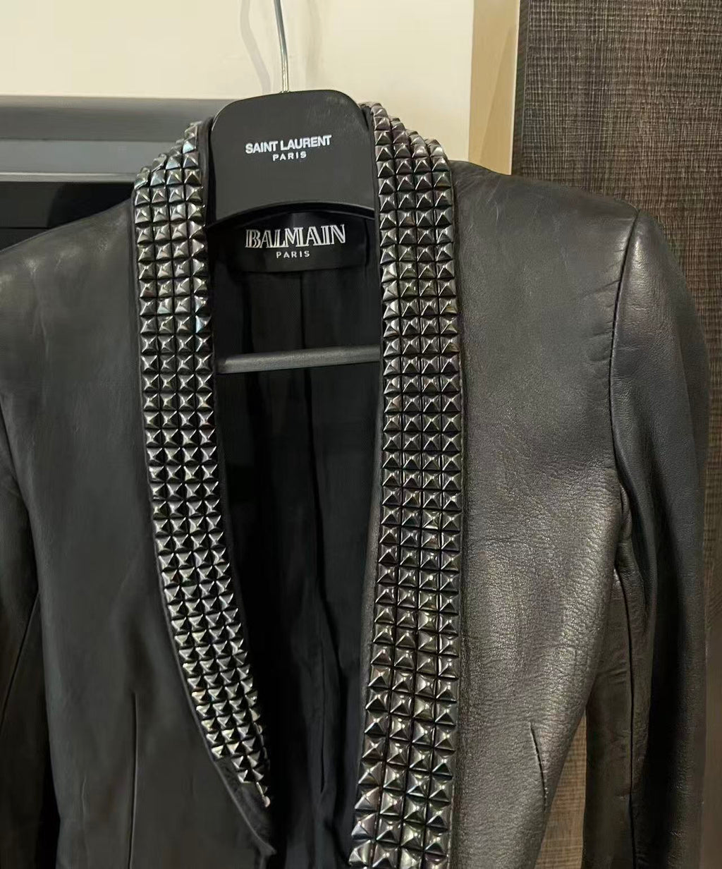 Balmain 09SS By Christophe Decarnin Studded Leather Shawl Collar Blazer