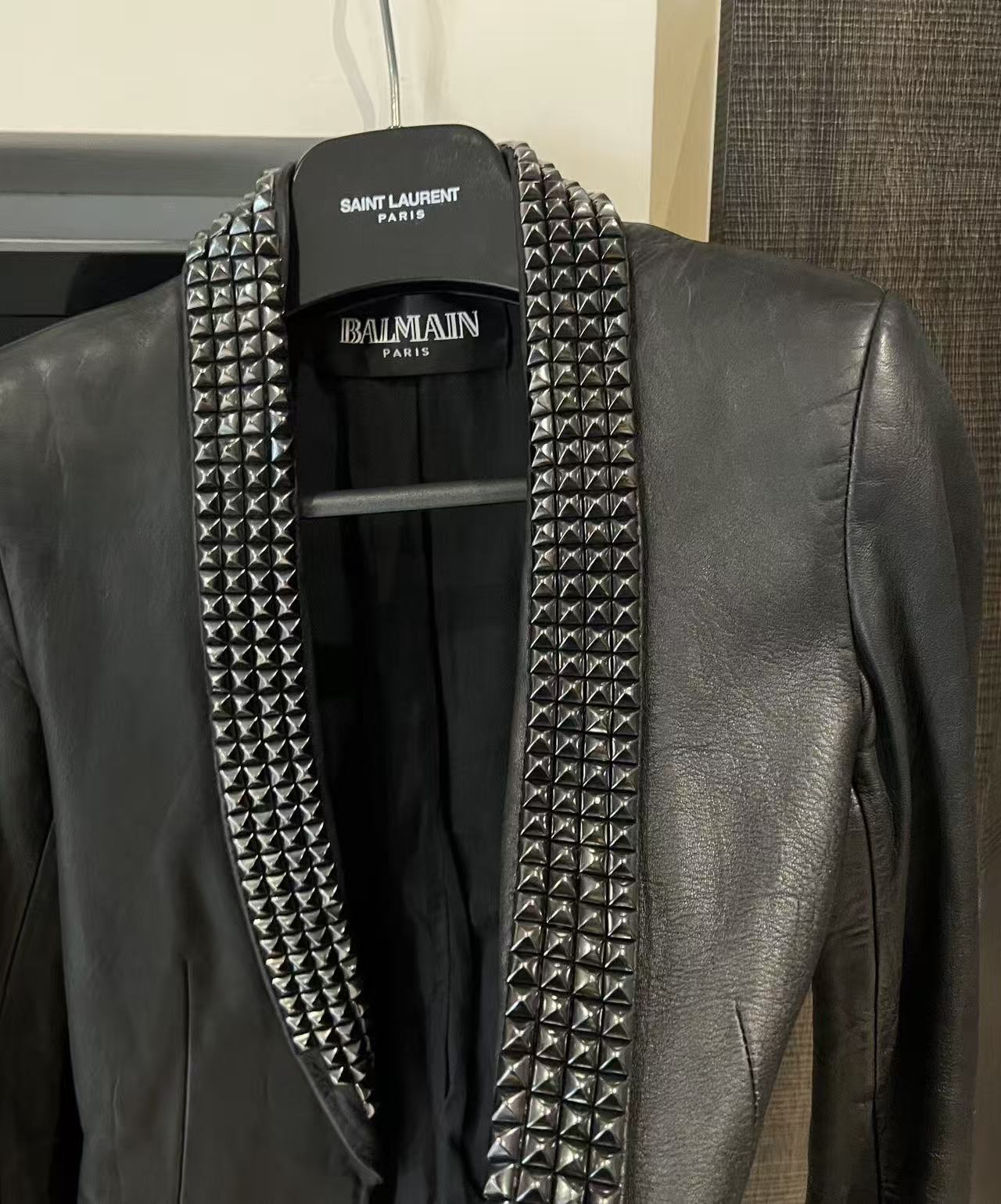 Balmain 09SS By Christophe Decarnin Studded Leather Shawl Collar Blazer