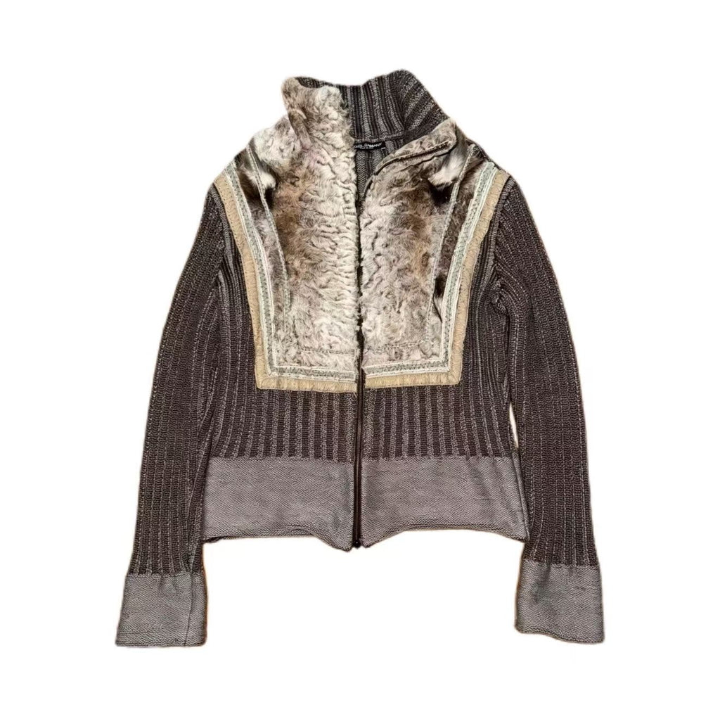 DOLCE&GABBANA Chunky Ribbed Knit Faux Fur Jacket