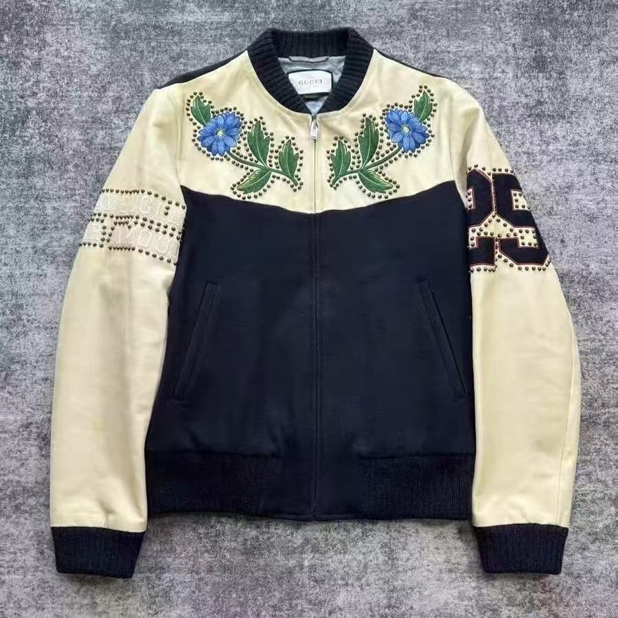 Gucci 17SS Floral Embroidery Studded  Panel Bomber Jacket