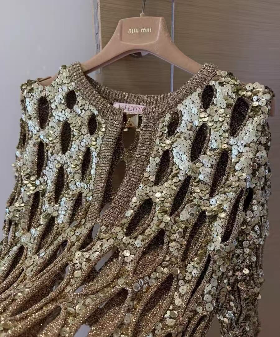 Valentino 23SS Gold Sequin Cut‑Out Open‑Knit Sweater