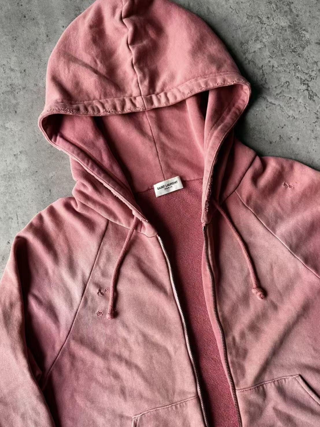 Saint laurent 16SS Washed Pink Distressed Zip‑Up Hoodie