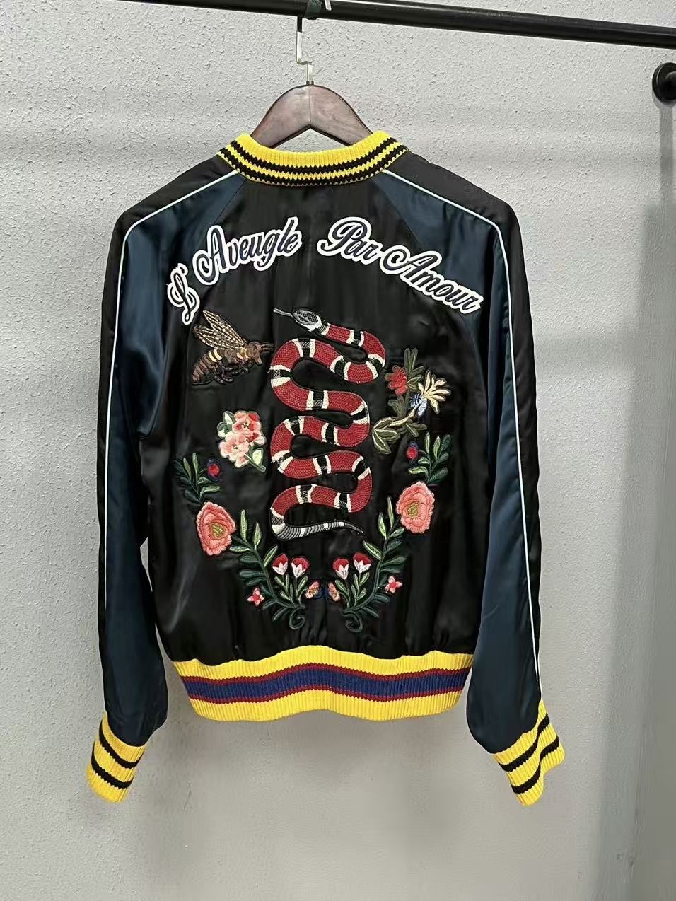 Gucci 16FW Blind For Love Snake Bee Floral Embroidered Satin Bomber Jacket