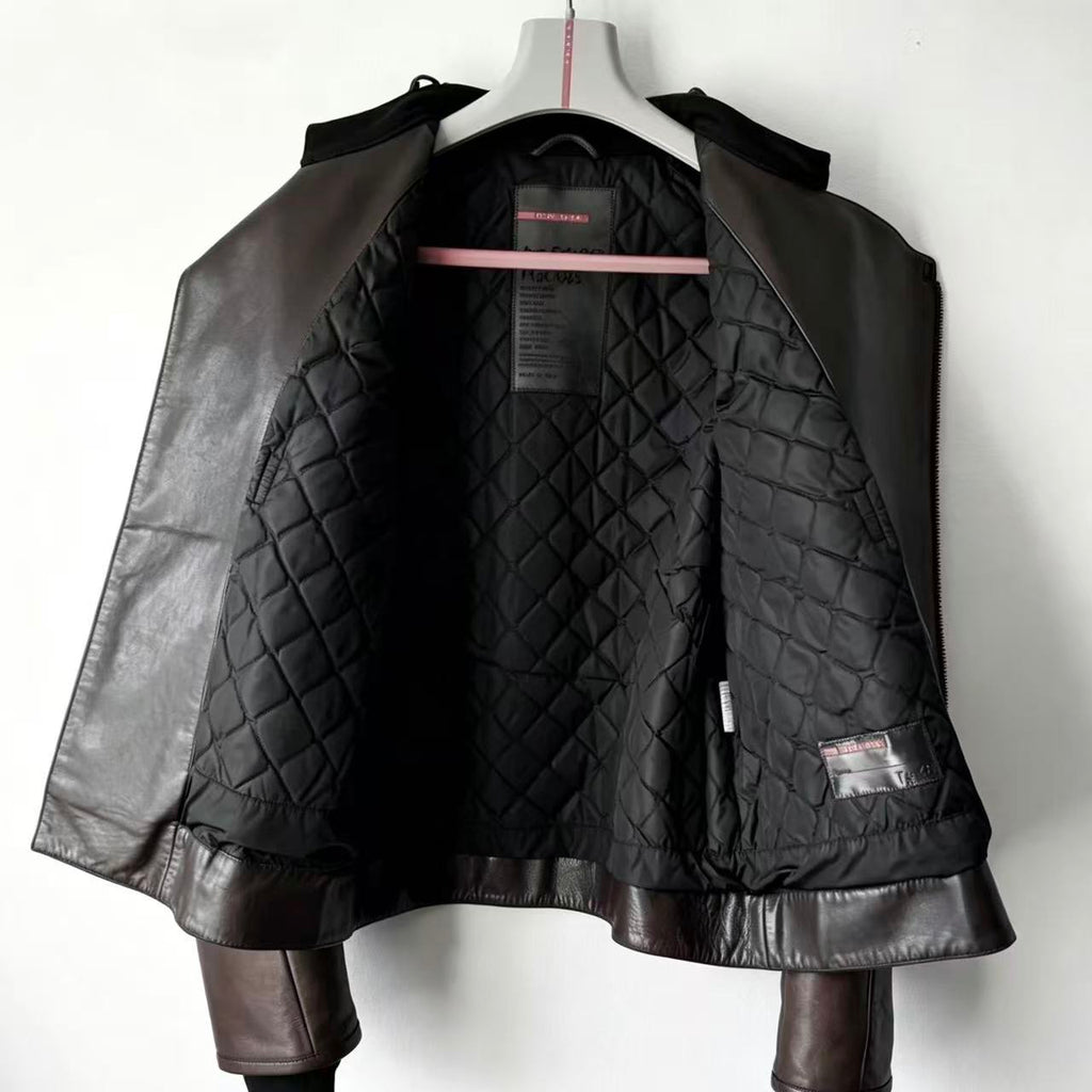 Prada Linea Rossa 2000s brown moto biker leather jacket