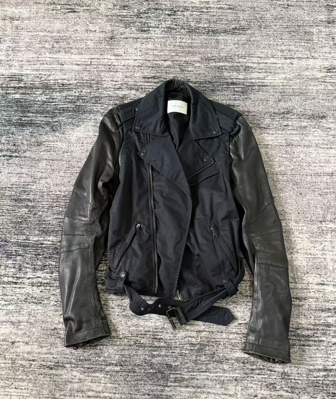 Balmain 10s Leather Sleeve Rider jacket