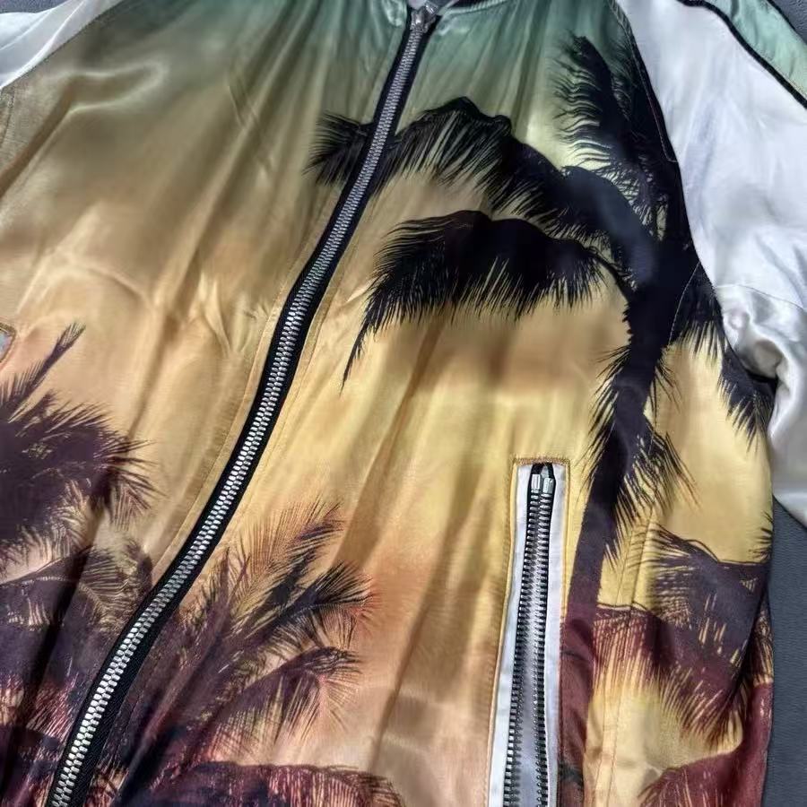 Balmain SS19 Sunset Palm Tree Satin Bomber Jacket